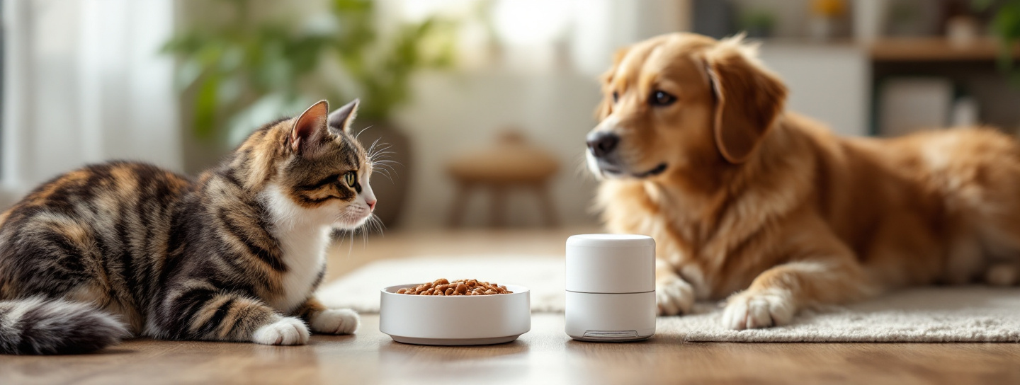 Katze und Hund neben smarten Haustier-Gadgets im Wohnzimmer