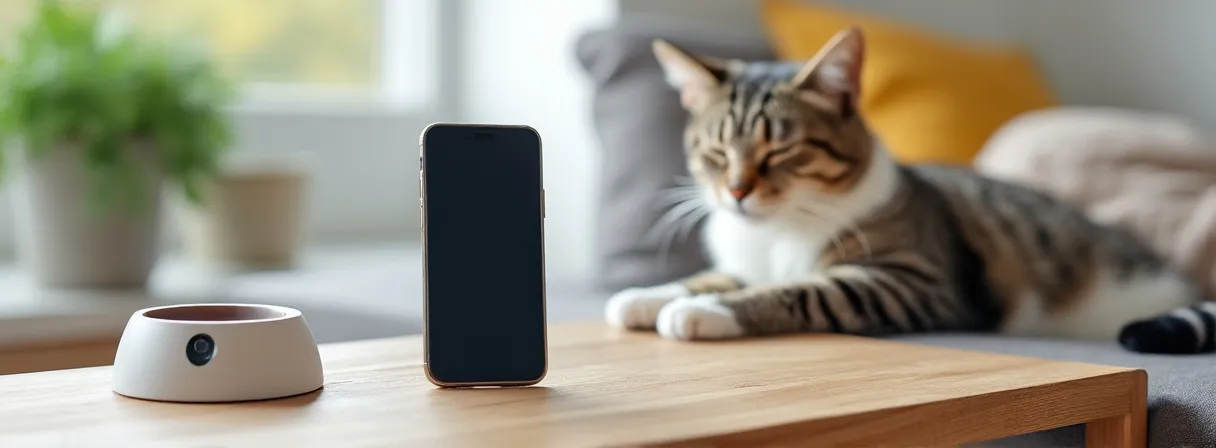 Smartphone, Haustierkamera und Napf auf einem Holztisch, im Hintergrund eine Katze auf dem Sofa